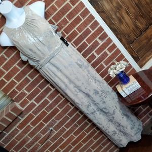 Adrianna Papell Halter Metallic Foil Gauzy Cutout Side Long Dress Gown 18 NWT